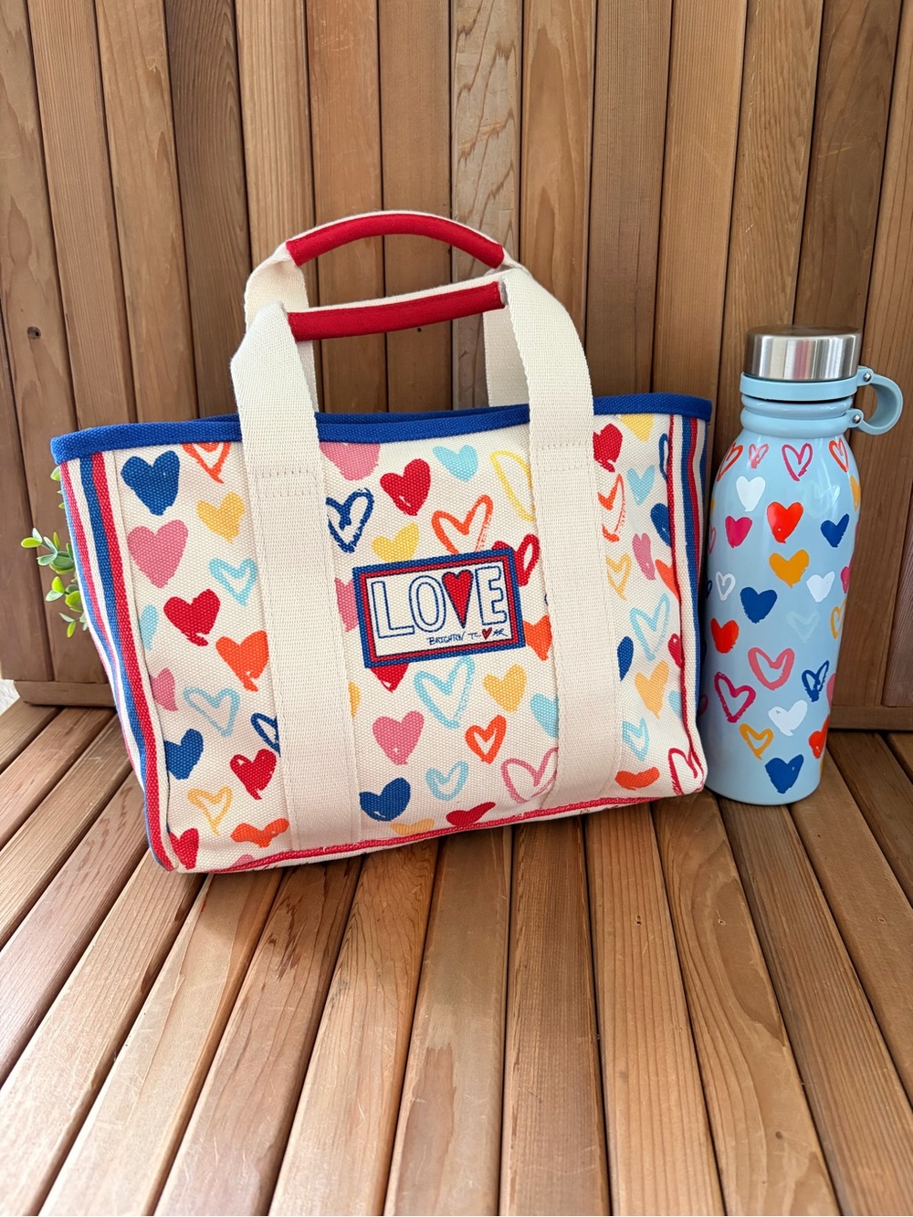 Brighton LOVE Heart Print Canvas Tote Bag w/ Strap & Matching Water Bottle
